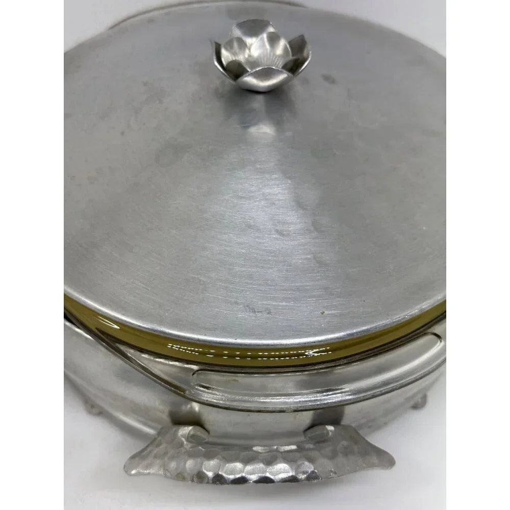 VTG Hammered Aluminum Casserole Server w/ Pyrex Liner & Lid | MCM Food Warmer‎